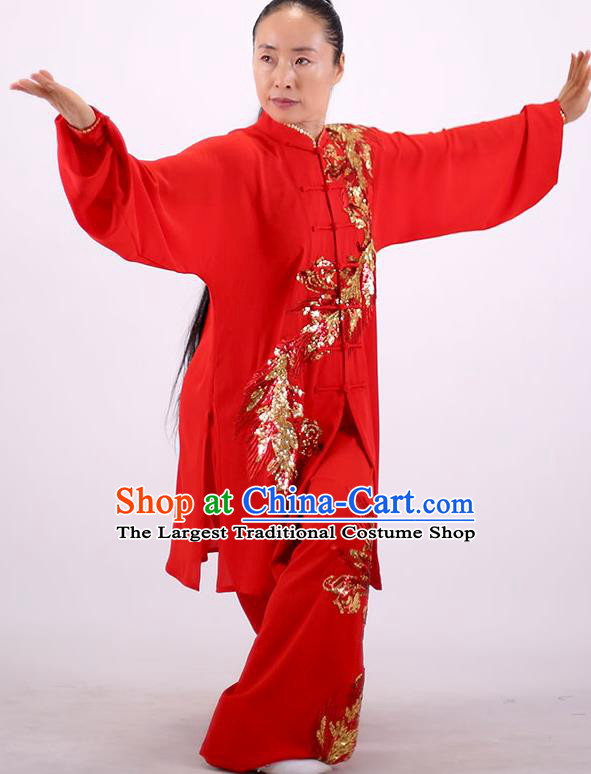 China Kung Fu Embroidered Phoenix Costumes Tai Chi Chuan Red Uniforms Martial Arts Group Competition Clothing Wushu Show Outfits