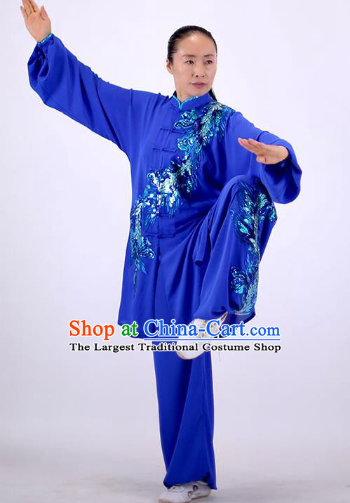 China Wushu Show Outfits Kung Fu Embroidered Phoenix Costumes Tai Chi Chuan Royalblue Uniforms Martial Arts Group Competition Clothing