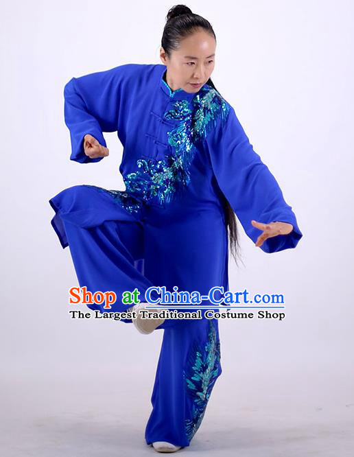 China Wushu Show Outfits Kung Fu Embroidered Phoenix Costumes Tai Chi Chuan Royalblue Uniforms Martial Arts Group Competition Clothing