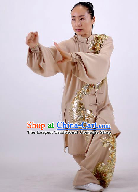 China Martial Arts Group Competition Clothing Wushu Show Outfits Kung Fu Embroidered Phoenix Costumes Tai Chi Chuan Khaki Uniforms