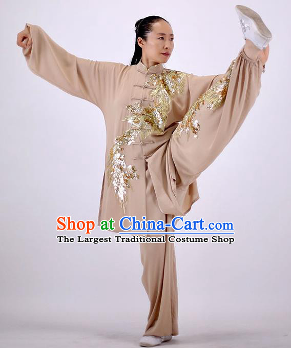 China Martial Arts Group Competition Clothing Wushu Show Outfits Kung Fu Embroidered Phoenix Costumes Tai Chi Chuan Khaki Uniforms