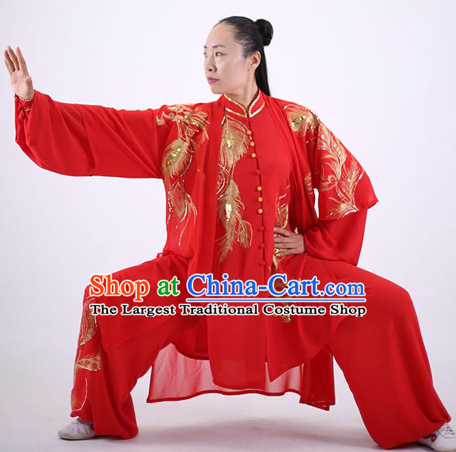 China Kung Fu Red Costumes Tai Chi Group Performance Uniforms Martial Arts Clothing Wushu Competition Outfits