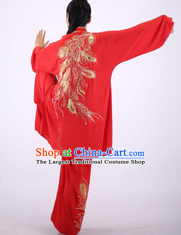 China Kung Fu Red Costumes Tai Chi Group Performance Uniforms Martial Arts Clothing Wushu Competition Outfits