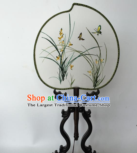 China Suzhou Embroidery Orchids Palace Fan Peach Shape Silk Fan Traditional Hanfu Fan Classical Cheongsam Dance Fans