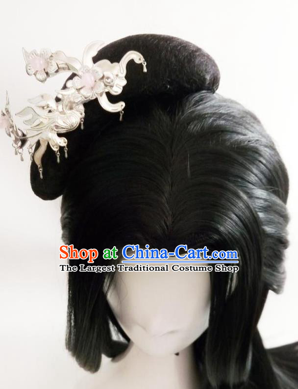 China Ancient Female Knight Wigs Traditional Drama Hanfu Chignon Hairpieces Cosplay Swordswoman Black Wig Sheath