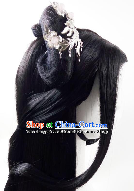 China Ancient Female Knight Wigs Traditional Drama Hanfu Chignon Hairpieces Cosplay Swordswoman Black Wig Sheath