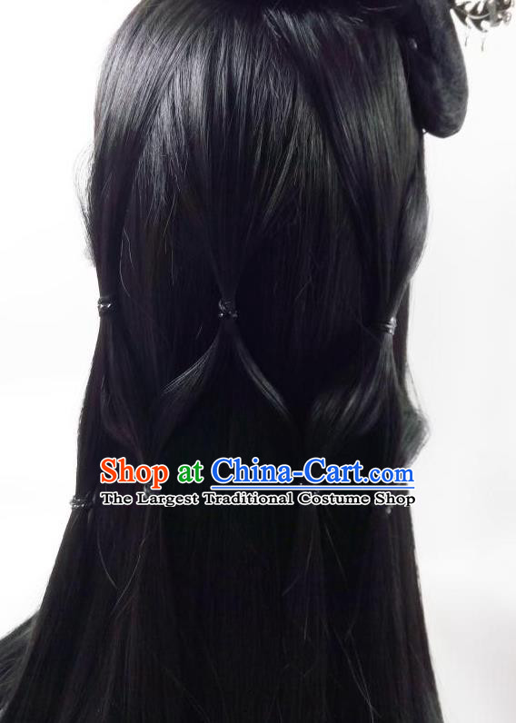 China Ancient Female Knight Wigs Traditional Drama Hanfu Chignon Hairpieces Cosplay Swordswoman Black Wig Sheath