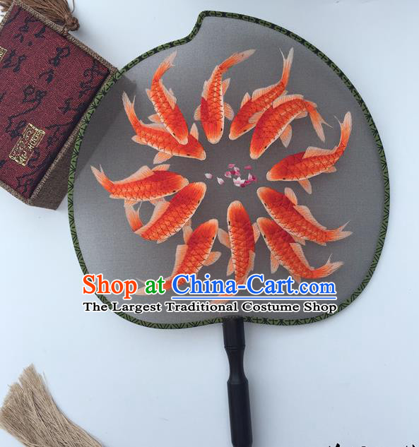 China Classical Double Side Silk Fans Suzhou Embroidery Fishes Fan Handmade Peach Shape Palace Fan Traditional Cheongsam Dance Fan