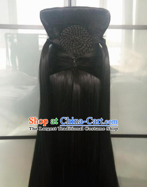 China Ancient Goddess Wigs Traditional Drama Eternal Love Bai Qian Hanfu Chignon Hairpieces Cosplay Fairy Queen Black Wig Sheath