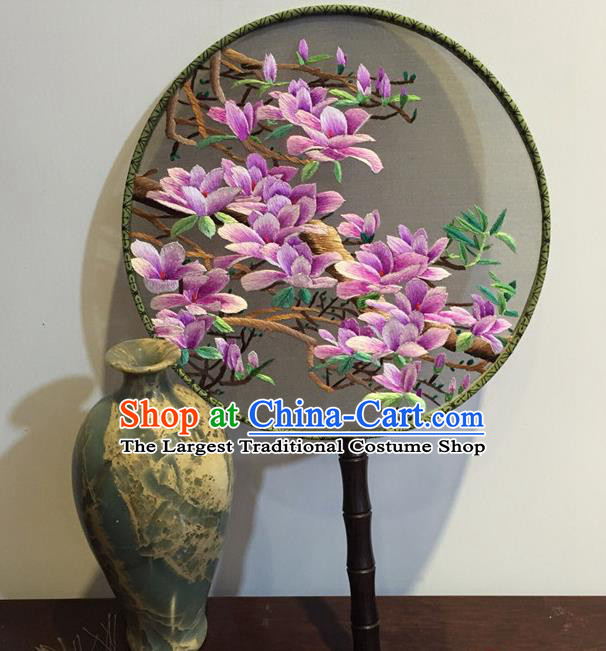 China Vintage Silk Fan Embroidery Mangnolia Palace Fan Traditional Cheongsam Round Fan Handmade Craft Fans