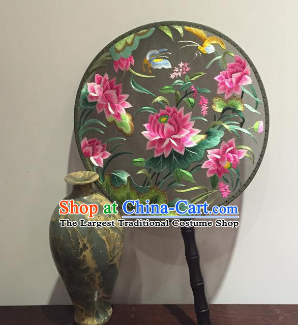 China Handmade Craft Silk Fans Vintage Circular Fan Embroidery Lotus Palace Fan Traditional Cheongsam Dance Fan