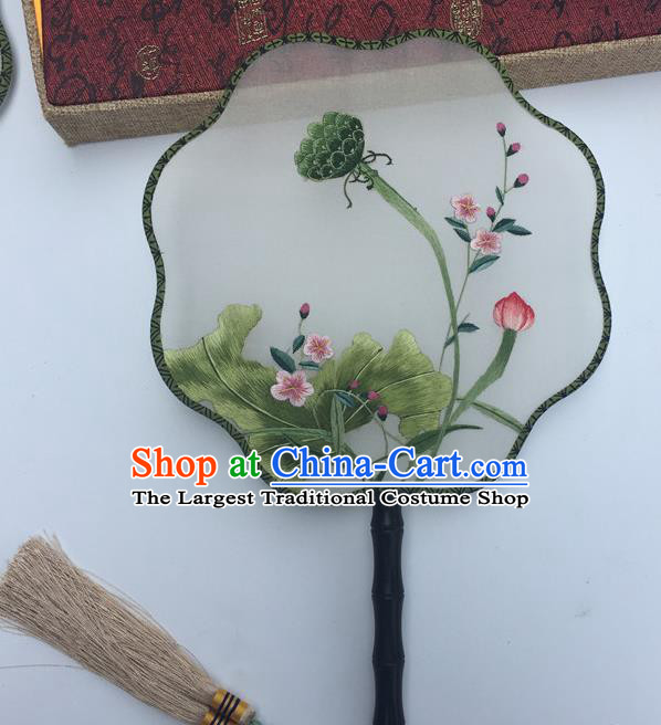 China Double Sided Embroidery Lotus Palace Fan Traditional Cheongsam Dance Fan Handmade Craft Silk Fans Vintage Hanfu Fan