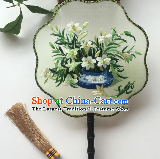 China Traditional Cheongsam Dance Fan Handmade Craft Silk Fans Vintage Hanfu Fan Double Sided Embroidery Orchids Palace Fan