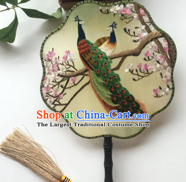 China Handmade Craft Silk Fans Vintage Hanfu Fan Double Sided Embroidery Peacock Palace Fan Traditional Cheongsam Dance Fan