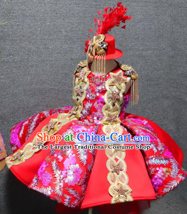 Top Christmas Party Formal Evening Wear Children Day Performance Clothing Chorus Garment Girl Catwalks Red Bubble Dress