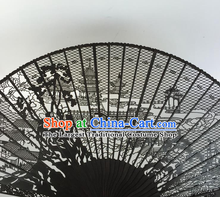 Handmade Chinese Carving Suzhou Gardens Craft Accordion Black Rosewood Fan Ebony Folding Fan