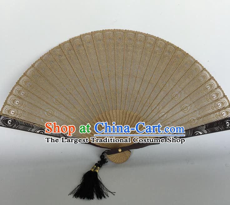 Handmade Chinese Sandalwood Fan Folding Fan Carving Peacock Feather Craft Accordion