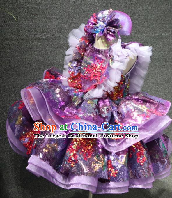 Top Girl Stage Show Garment Catwalks Princess Purple Sequins Dress Christmas Performance Formal Evening Wear Children Day Clothing