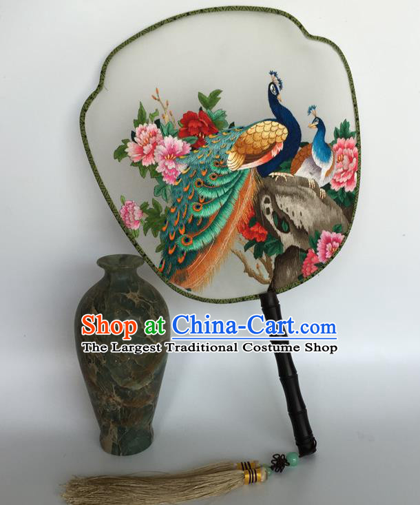 China Handmade Suzhou Embroidery Peacock Peony Palace Fan Ancient Hanfu Fans Traditional Court Dance Fan Vintage Silk Fan