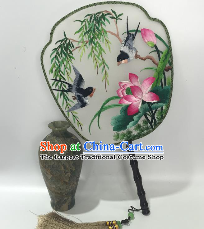 China Vintage Palace Fan Handmade Suzhou Embroidery Swallow Lotus Silk Fan Ancient Hanfu Dance Fans Traditional Court Fan