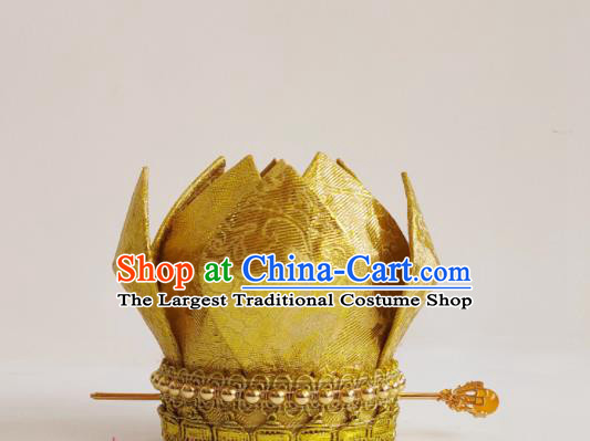 China Ancient Empress Golden Lotus Hair Crown Traditional Hanfu Hair Accessories Tang Dynasty Taoist Nun Headpiece