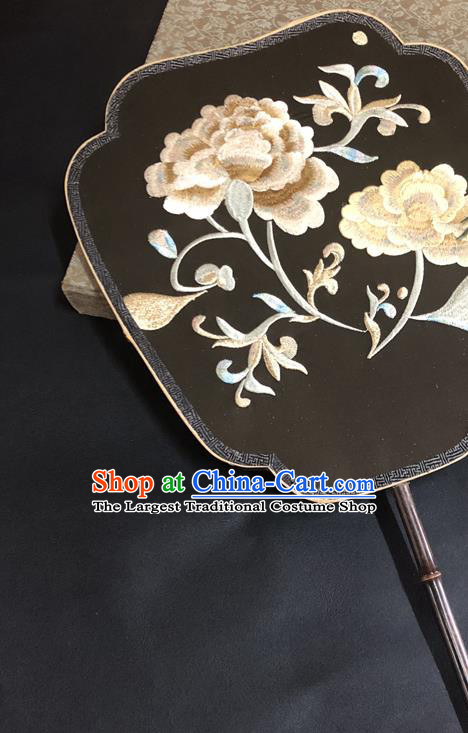 China Ancient Princess Fans Traditional Wedding Fan Vintage Embroidered Peony Palace Fan Handmade Black Silk Fan