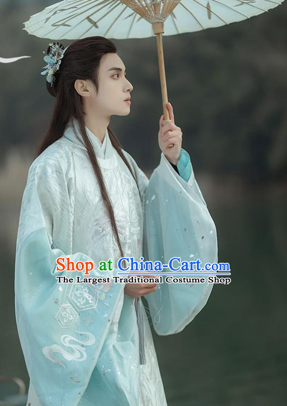 China Traditional Ming Dynasty Prince Blue Hanfu Robe Clothing Ancient Noble Childe Historical Garment Costume for Men