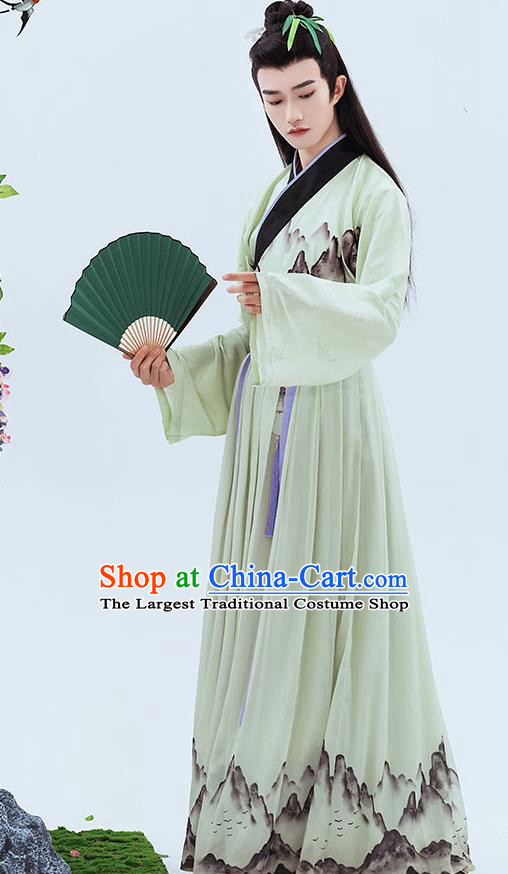 China Traditional Jin Dynasty Young Childe Printing Green Hanfu Clothing Ancient Swordsman Historical Garment Costumes Full Set