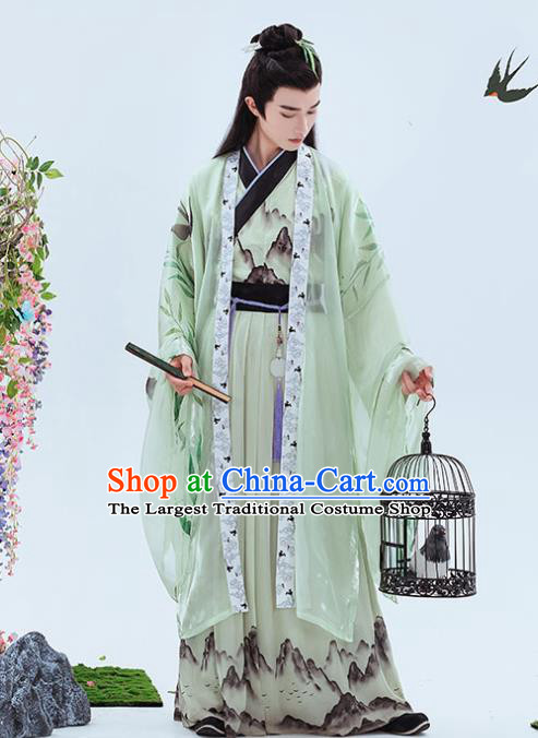 China Traditional Jin Dynasty Young Childe Printing Green Hanfu Clothing Ancient Swordsman Historical Garment Costumes Full Set