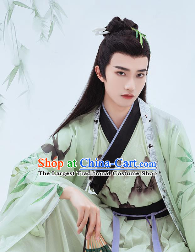 China Traditional Jin Dynasty Young Childe Printing Green Hanfu Clothing Ancient Swordsman Historical Garment Costumes Full Set