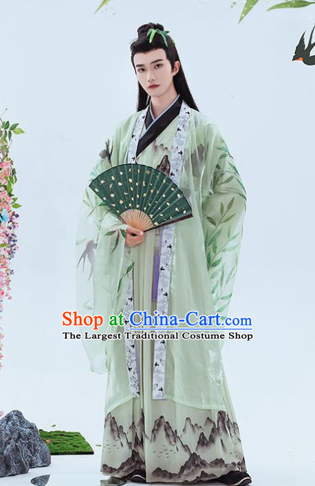 China Traditional Jin Dynasty Young Childe Printing Green Hanfu Clothing Ancient Swordsman Historical Garment Costumes Full Set