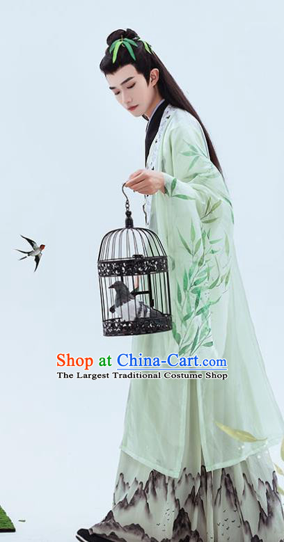 China Traditional Jin Dynasty Young Childe Printing Green Hanfu Clothing Ancient Swordsman Historical Garment Costumes Full Set