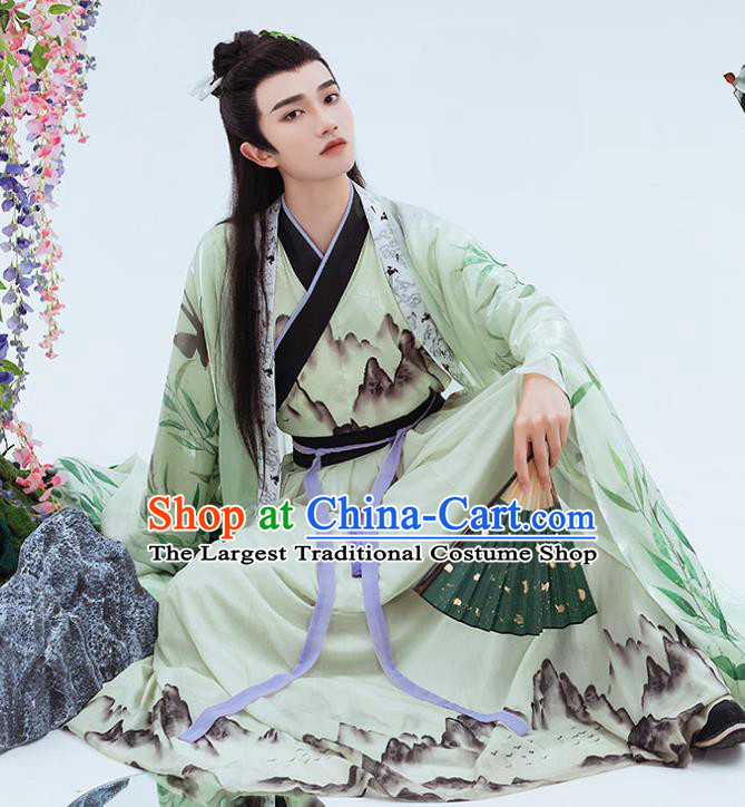 China Traditional Jin Dynasty Young Childe Printing Green Hanfu Clothing Ancient Swordsman Historical Garment Costumes Full Set