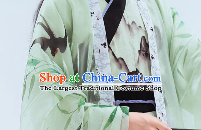 China Traditional Jin Dynasty Young Childe Printing Green Hanfu Clothing Ancient Swordsman Historical Garment Costumes Full Set