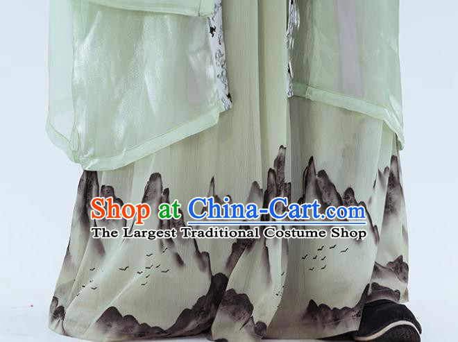 China Traditional Jin Dynasty Young Childe Printing Green Hanfu Clothing Ancient Swordsman Historical Garment Costumes Full Set