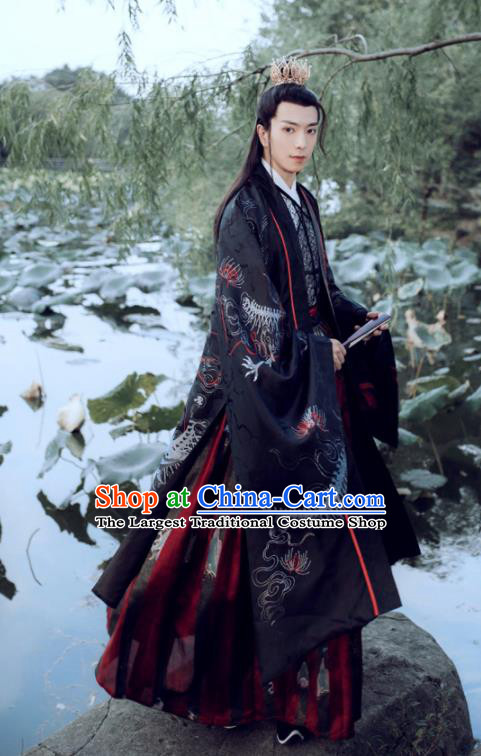 China Ancient Crown Prince Historical Garment Clothing Traditional Swordsman Fashion Jin Dynasty Royal Childe Black Hanfu Attire