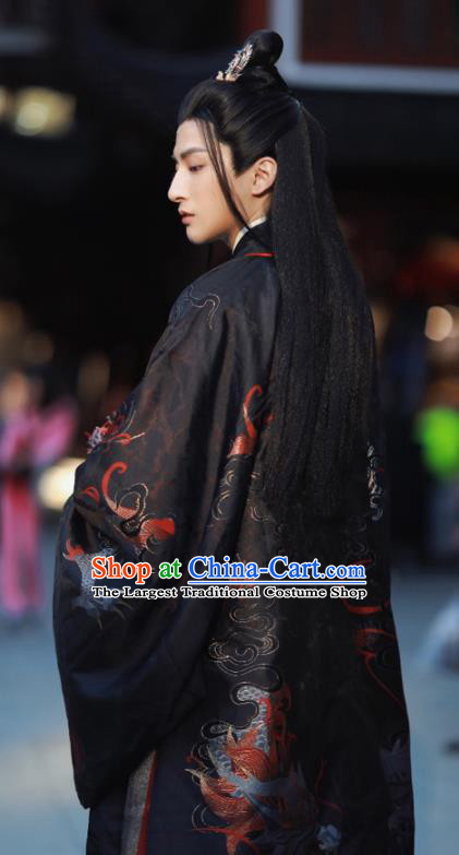 China Ancient Crown Prince Historical Garment Clothing Traditional Swordsman Fashion Jin Dynasty Royal Childe Black Hanfu Attire