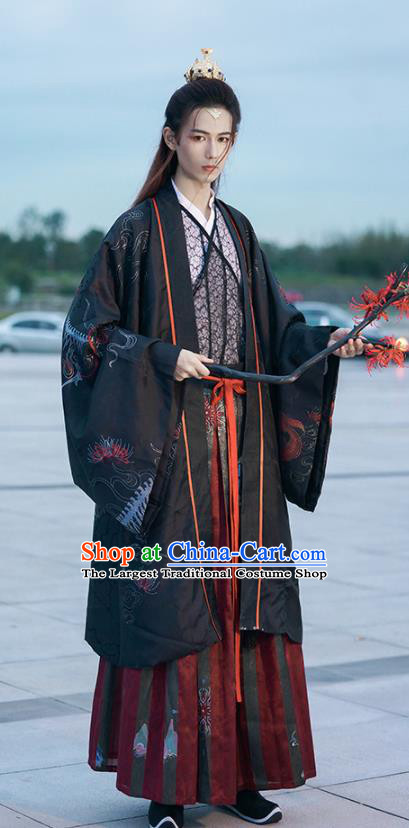 China Ancient Crown Prince Historical Garment Clothing Traditional Swordsman Fashion Jin Dynasty Royal Childe Black Hanfu Attire