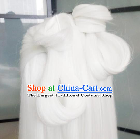 Handmade Chinese Cosplay God King White Wigs Ancient Swordsman Headwear Drama Eternal Love Immortal Emperor Donghua Chignon Headdress