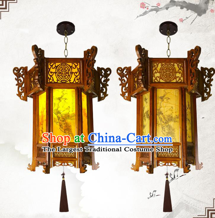 China Wood Carving Lamp Traditional Festival Hanging Lantern Classical Lanterns Handmade Hexagon Palace Lantern