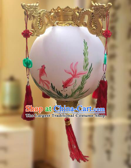 China Golden Dragon Head Hanging Lantern Classical Wood Lanterns Handmade Vintage Palace Lantern Traditional Painting Fish Light Lamp