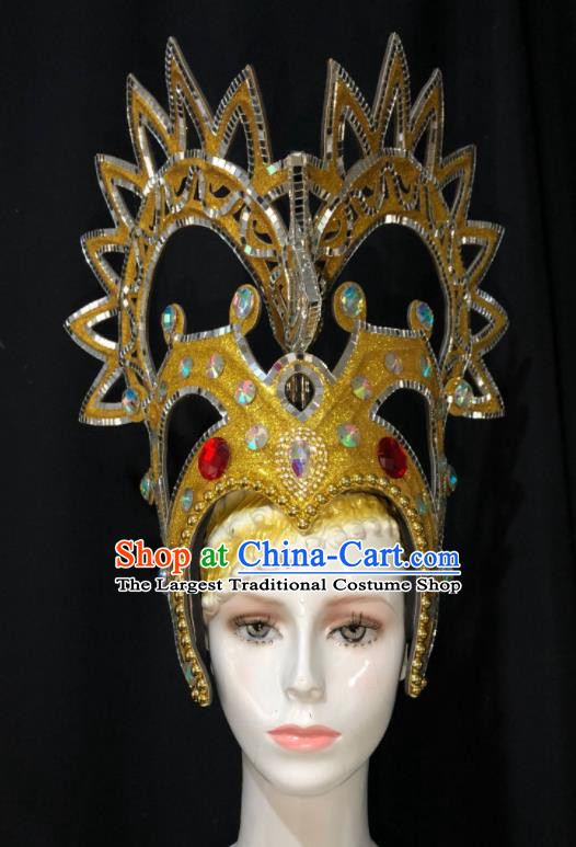 Handmade Brazil Carnival Deluxe Headpiece Samba Dance Golden Royal Crown Halloween Performance Hair Accessories Cosplay Queen Giant Hat