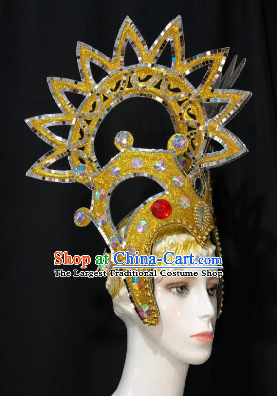 Handmade Brazil Carnival Deluxe Headpiece Samba Dance Golden Royal Crown Halloween Performance Hair Accessories Cosplay Queen Giant Hat