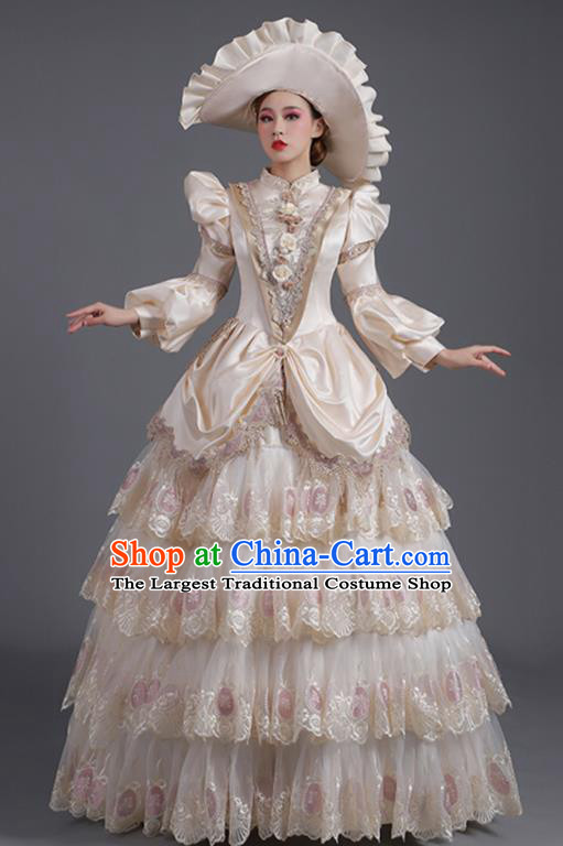 Custom Europe Vintage Full Dress Stage Performance Fashion European Noble Lady Beige Dress Western Style Court Clothing