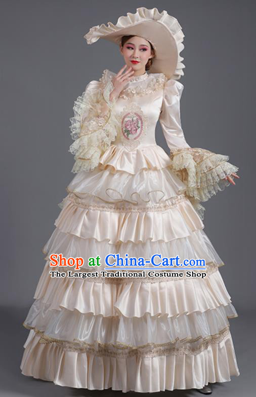 Custom Western Style Court Clothing Europe Vintage Full Dress Stage Performance Fashion European Noble Lady Beige Dress