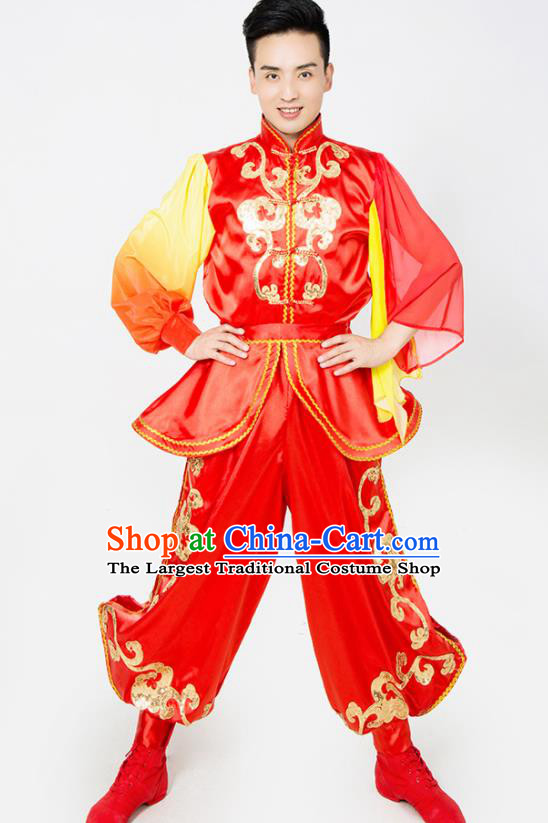 China Drum Dance Uniforms Male Yangko Dance Clothing Opening Dance Garment Costumes Folk Dance Red Outfits