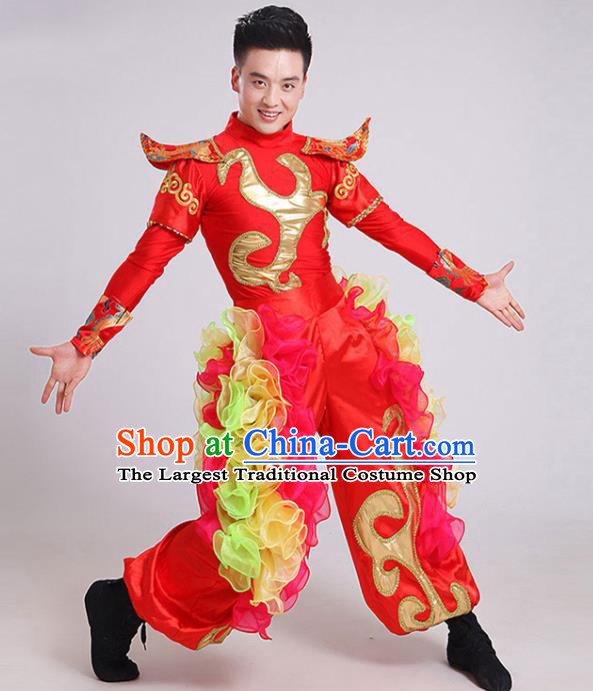 China New Year Fan Dance Garment Costumes Folk Dance Outfits Drum Dance Red Uniforms Male Yangko Dance Clothing