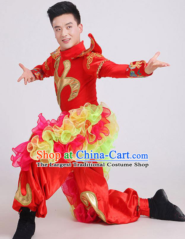 China New Year Fan Dance Garment Costumes Folk Dance Outfits Drum Dance Red Uniforms Male Yangko Dance Clothing