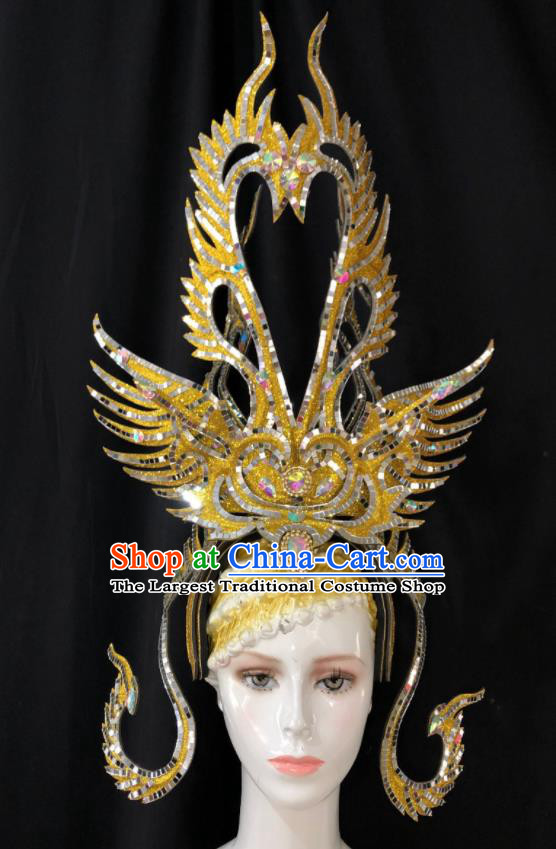 Handmade Samba Dance Royal Crown Halloween Hair Accessories Cosplay Queen Giant Golden Phoenix Coronet Brazil Carnival Deluxe Headpiece