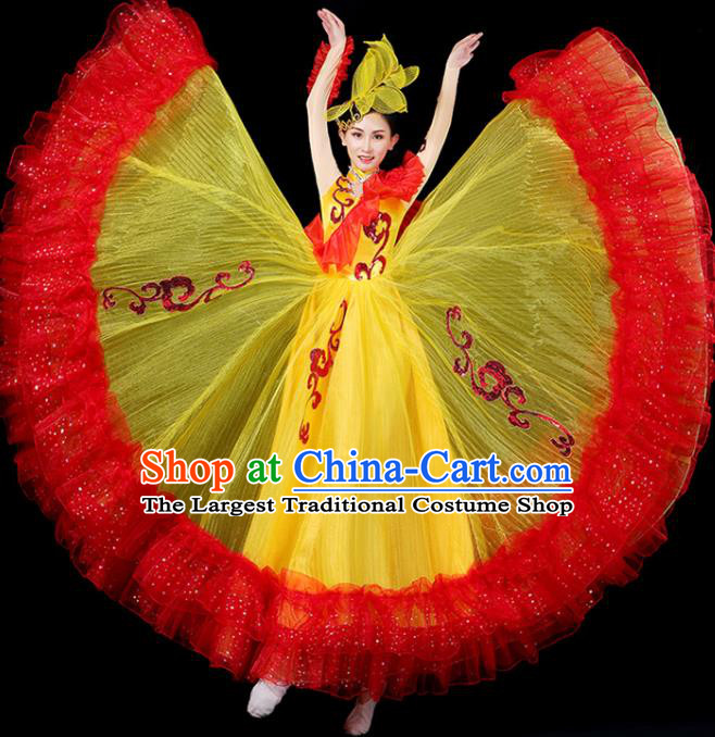 Professional Woman Modern Dance Clothing Spanish Dance Fashion Garment Opening Dance Performance Yellow Dress